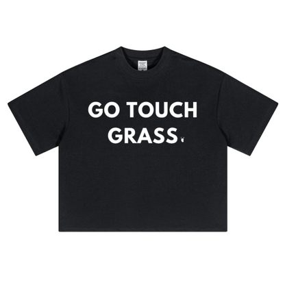 "GO TOUCH GRASS" Oversized Cropped T-Shirt (BLACK)